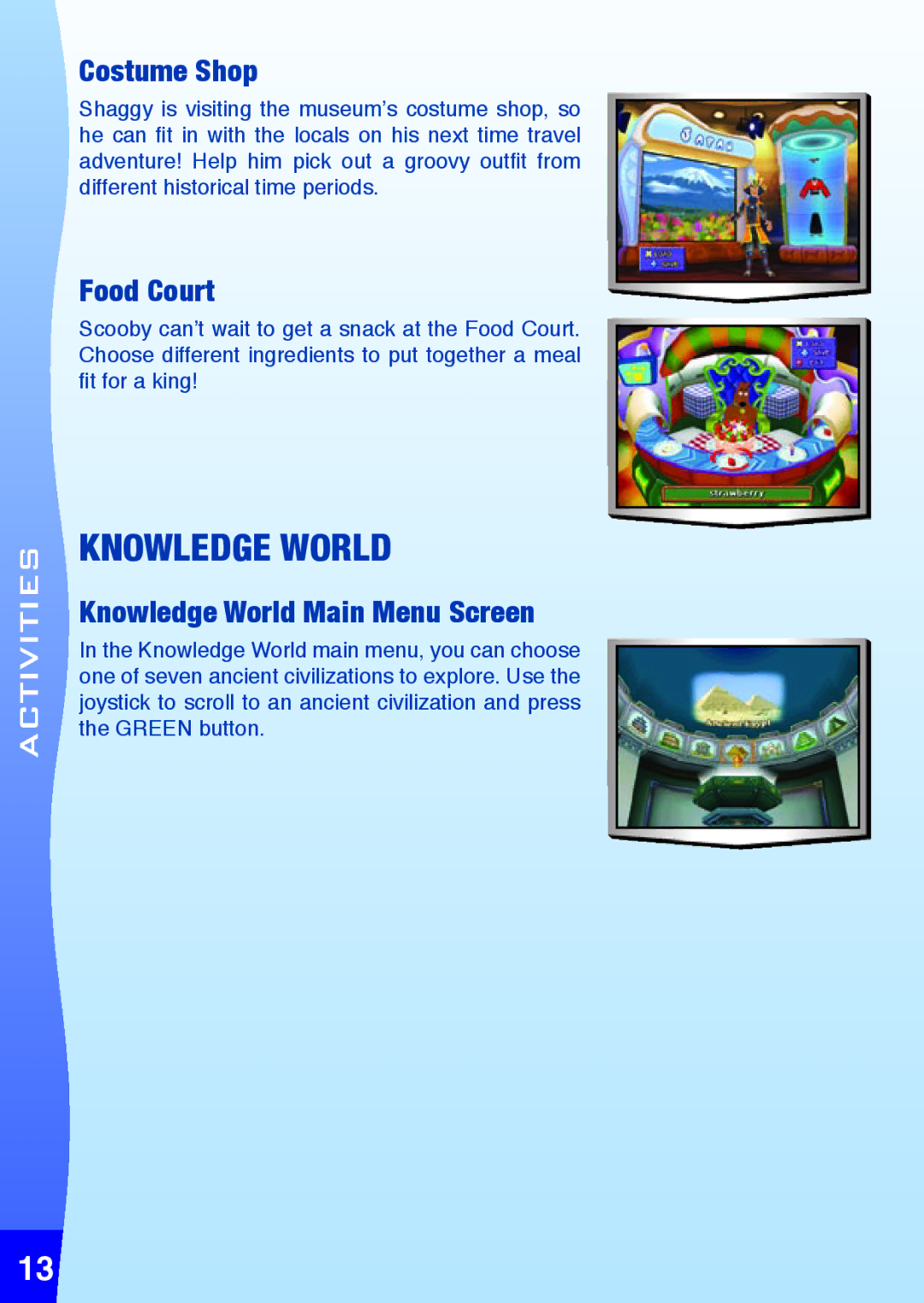 VTech V.FLASHTM, educational video game system user manual  13, Costume Shop, Food Court, Knowledge World Main Menu Screen 